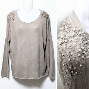 TEMPO PARIS Pearl Embellished Metallic Sweater M/L